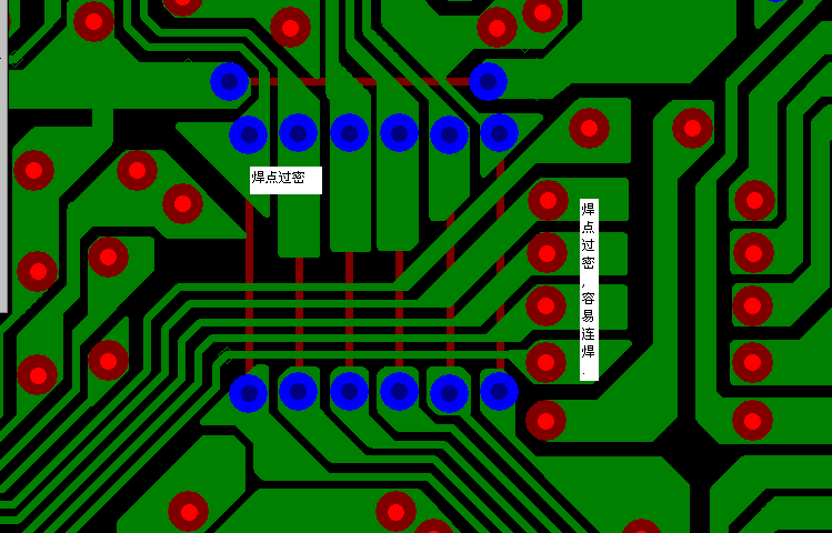 PCB設(shè)計焊點過密，易造成波峰連焊，焊點間漏電