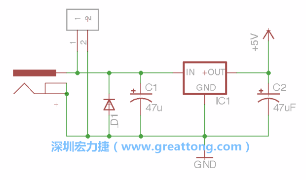 2.5.    新增一個二極體，它會以水平的狀態出現在屏幕上，請使用「旋轉（Rotate）」工具把它負極那一面朝上，并且用「網絡連接」工具將它連接在電壓調整器的輸入端和接地端之間。