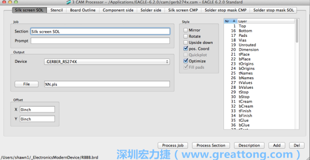假如你有匯入點陣圖圖層（抑或是有某個圖層是你不想要它們出現(xiàn)在絲印上的），請再次確認標簽列下面被指定的圖層都是正確無誤的。