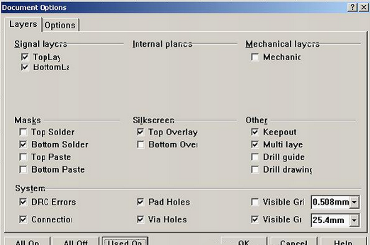 按“L”打開層設置窗口，打開各層圖形進行初步檢查，看文件有無設計上的問題或有無特殊的、在處理文件時需特別留意之處