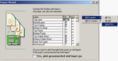 按“Next”，點擊“Menu”將Plot Layers置為Used On，Mirror Layers置為All Off后按“Next”